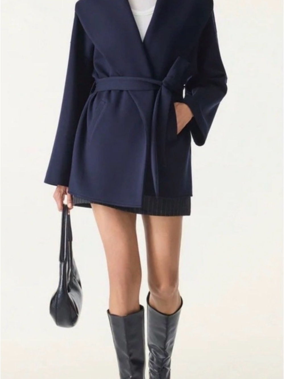 OGL Navy Shawl-Collar Belted Wrap Jacket - Picture 2 of 2